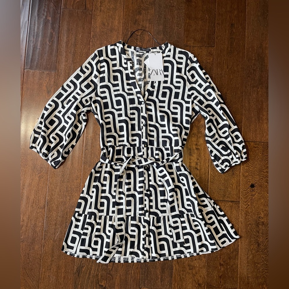 NEW Zara Dress Women's Size Small Linen Blend Geometric Print Black White